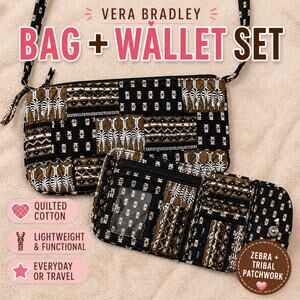 Vera Bradley Crossbody Bag Zebra Patchwork Quilted Purse w Wallet